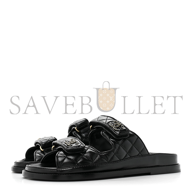 CHANEL LAMBSKIN QUILTED VELCRO DAD CHAIN CC SLIDE SANDALS BLACK G45507